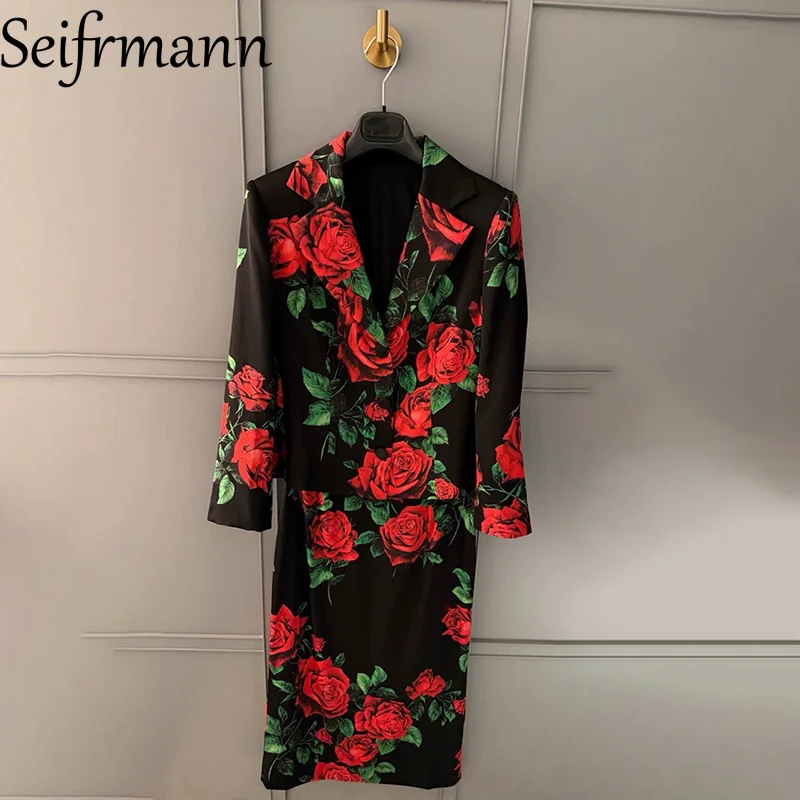 Seifrmann Casual printed silk two-piece lapel long-sleeved coat high waist hip skirt suit 2026 autumn women's new style