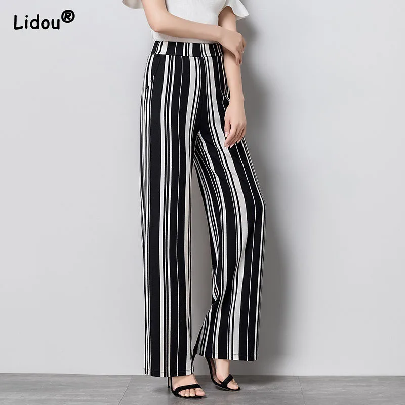 

Casual Striped Broadcloth Full Length Pants Bright Line Decoration Elastic Waist Wide Leg Pants Spring Summer Women's Clothing