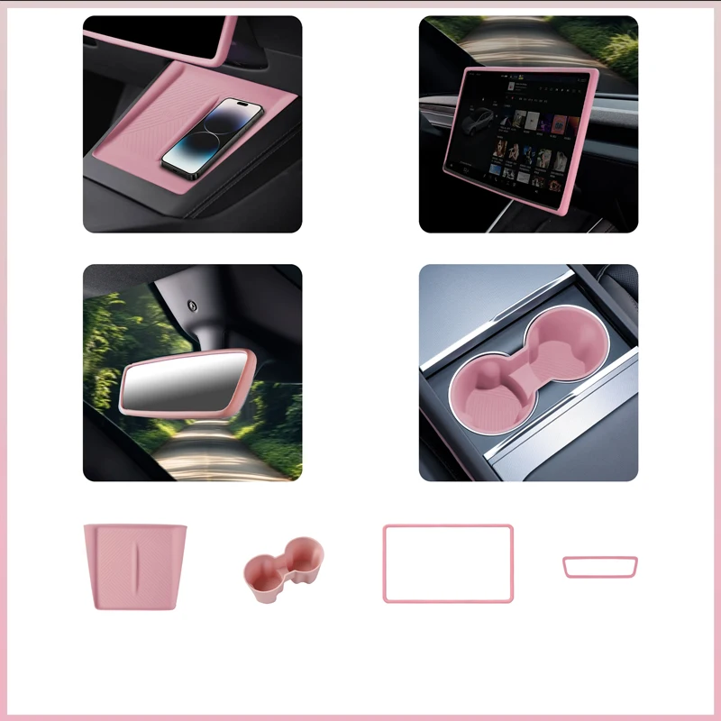 Für Tesla Model Y/YL/3 Highland Mittelkonsole Kabelloses Lade-Silikonpad Getränkehalter-Matte Rutschfeste Rosa Zubehörteile – Detail 4