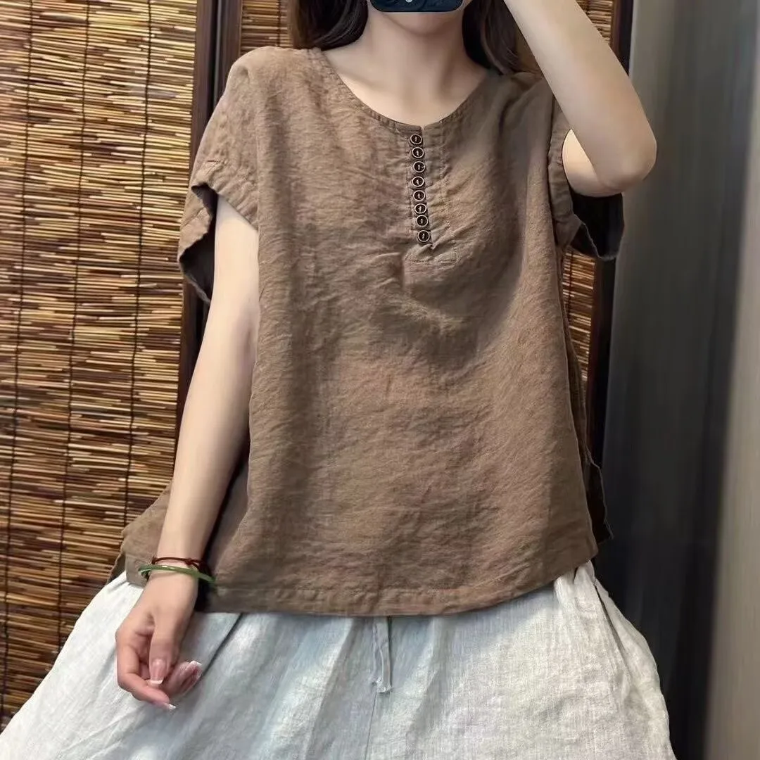 

Womens Cotton and Linen Shirt Buttons Top