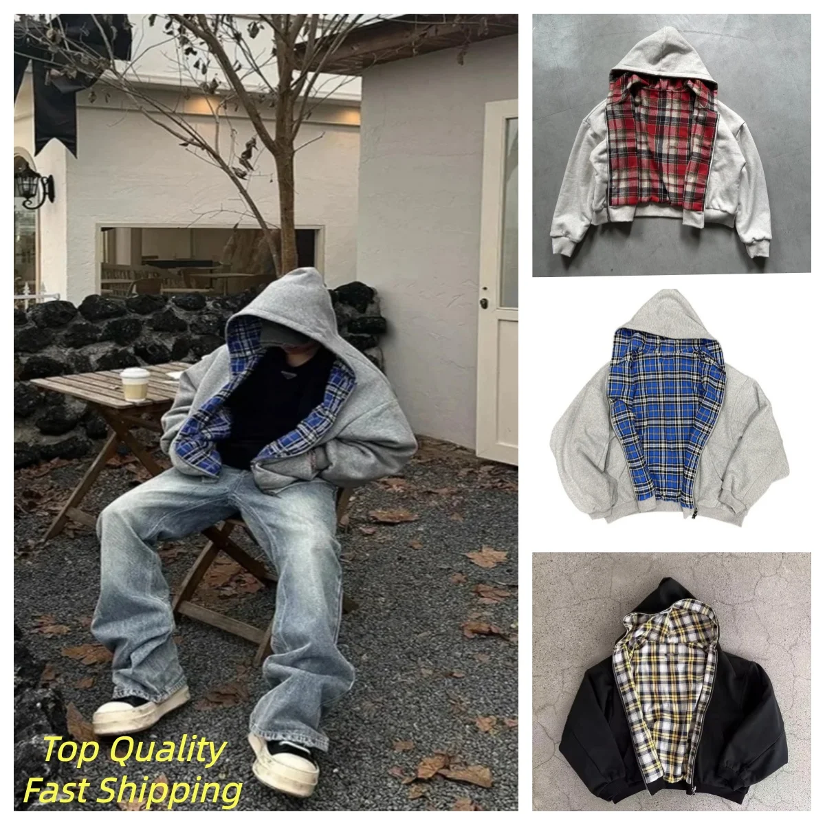 Winter Casual Plaid Print Y2k Hoodie Women's Warm Zip-Up Double-Sided Wear Sweatshirt Unisex Fashion Trendy Loose Joker 2026 New