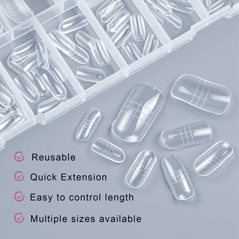 160PCS Reusable Clear Nail Dual Form Poly Extension Gel Molds 16 Size Full Cover Extension Upper Mold False Nail Tips Top Form