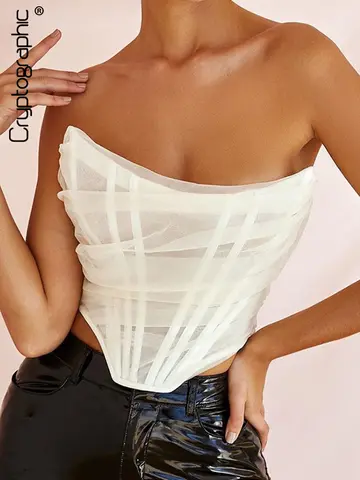 Cryptographic Sleeveless Fashion Strapless Bustier Corset Crop Tops Female Mesh Backless White Women Tops Zipper Summer 2025