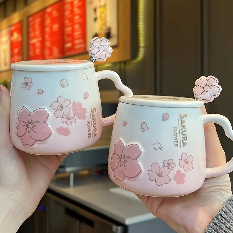 

Novelty Pink Sakura Ceramic Mugs with Lid And Spoon Stylish Porcelain Coffee Mug For Women 400ML Capacity