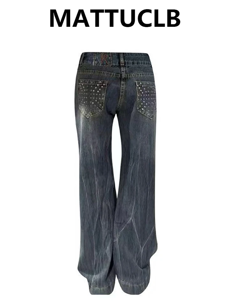 Autumn Winter Women's Grunge Low Rise Jean Designer Rhinestone Denim Pants Y2K Japanese American Retro Long Trouser High Street