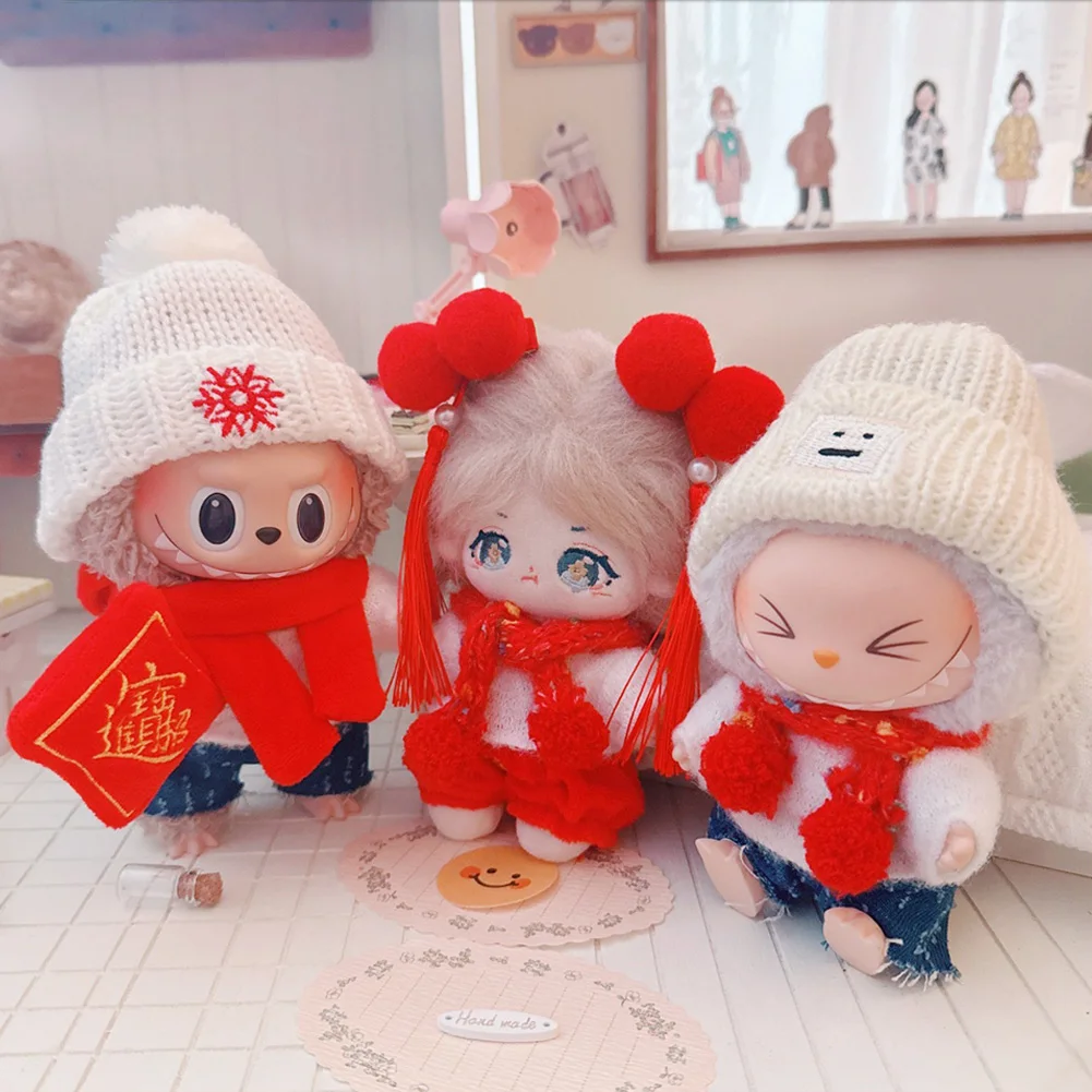 Mini Doll'S Clothes Outfit Accessories for Labubu 15-17cm Cotton Doll White Sweater Red Scarf New Year Pants Clothes Gift