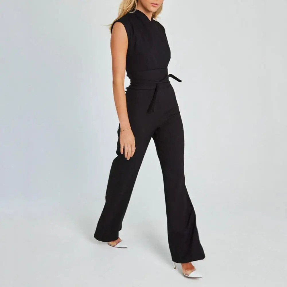 Office Lady Romper Stylish Office Lady Romper Elegant V-neck Jumpsuit with High Waist Belt Straight Wide Leg Design for Summer