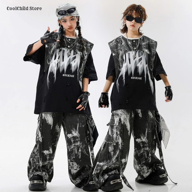Hip Hop Boys Ripped T-shirt Vest Tie-dye Cargo Pants Girls K-pop