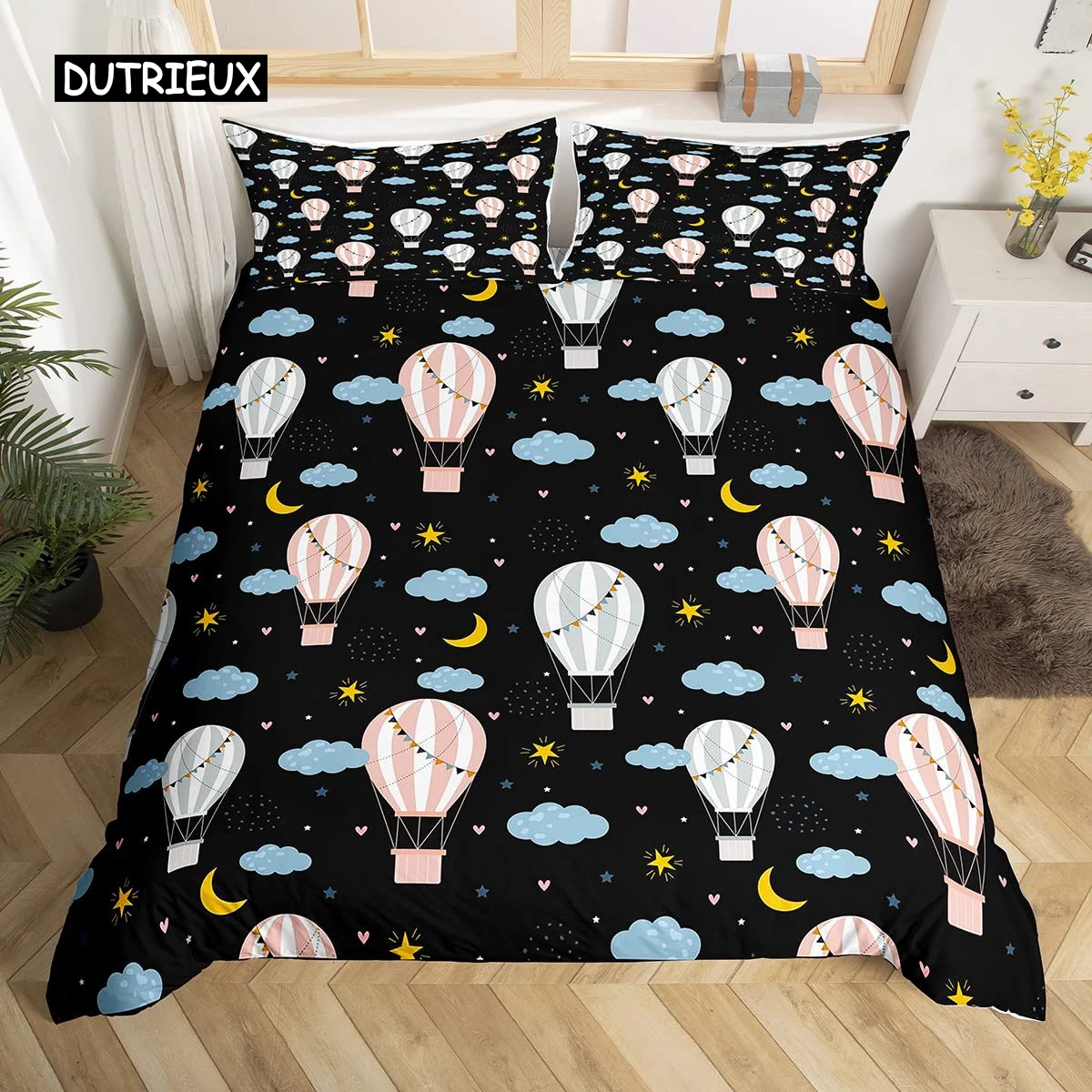 

Balloon Duvet Cover Set King Twin Size Polyester Hand Painted Style Floating Hot Air Balloons with Clouds Moon Print Bedding Set