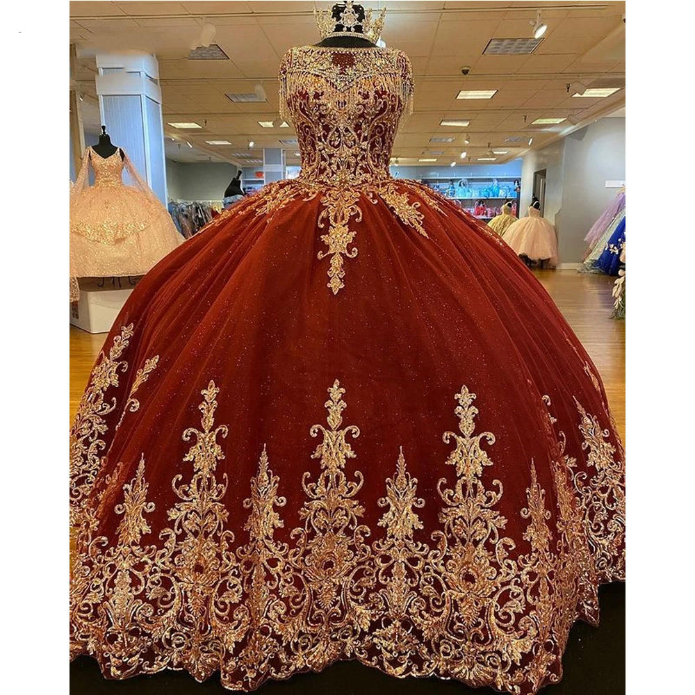 

Gold Apppliques Burgundy Quinceanera Dresses Princess Ball Gown Sweet 16 Custom Made Vestido 15 Anos Girl Party Dress Birthday