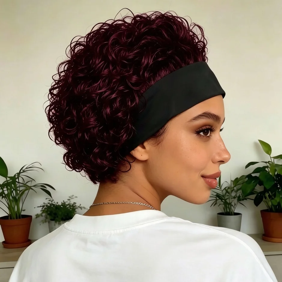 Short Curly Water Wave Headband Wig for Women Human Hair Natural Look Full Coverage Machine Made Wrap around Wig