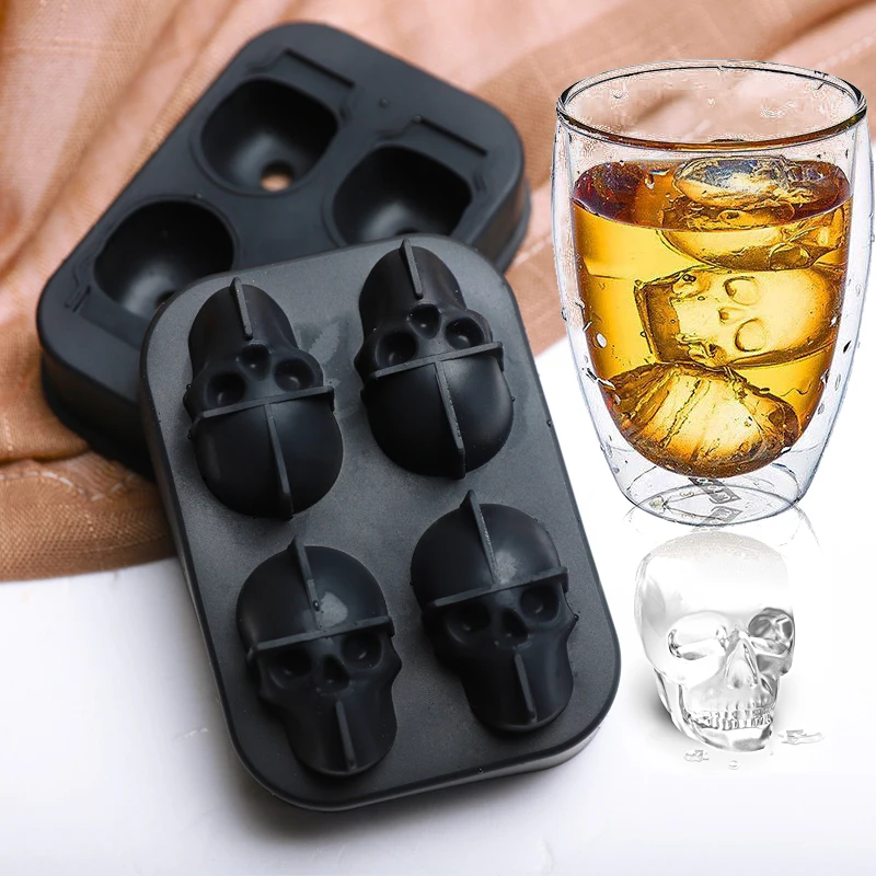 

3D Skull Ice Cube Tray, Silicone Ice Maker Molds with Funnel, 4 Cavity Ice Cube Tray for Cream & Party