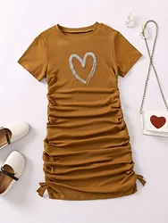 Brown Spice Girl pure fashion sexy dress heart print girl slim short sleeve drawstring pleated belly cover buttock dress summer