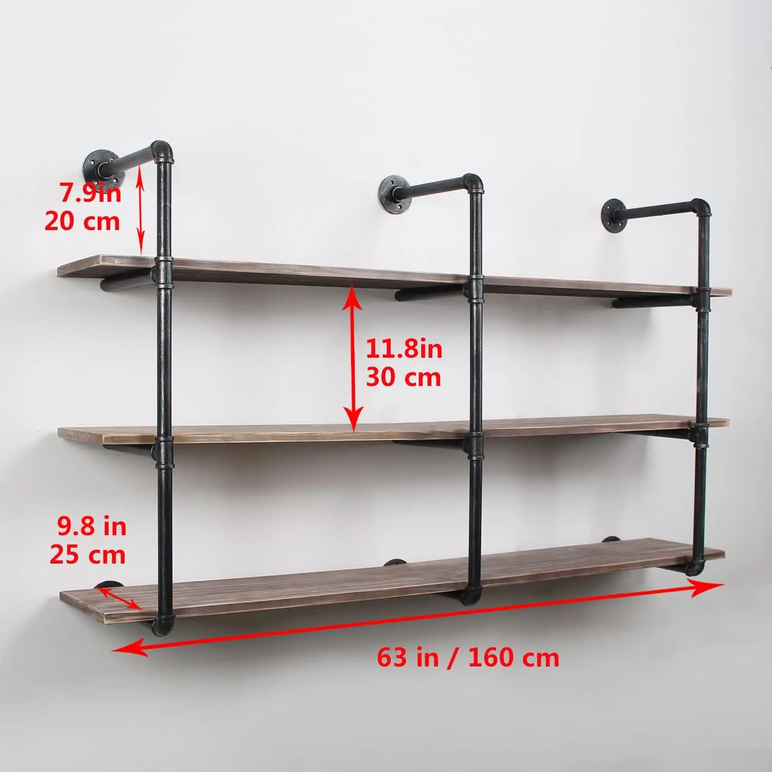 Industrial Pipe Shelving Wall Mounted,63In Rustic Metal Floating Shelves,Steampunk Real Wood Book Shelves,Wall Shelf Unit