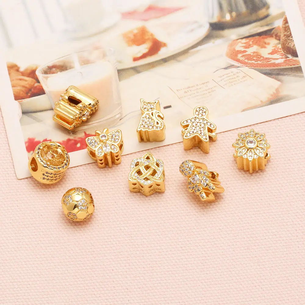 OCESRIO White Crystal Cute Cat Charms for Bracelet Copper Gold Plated Small Football Butterflies Jewelry Making Supplies chma299