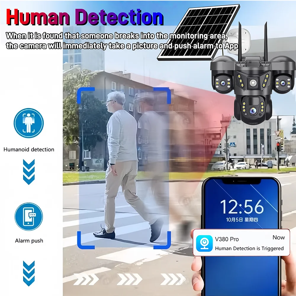 V380 Pro Telecamera WiFi solare 15MP Tripla lente Tripla schermo Zoom 10x Batteria esterna impermeabile Surveillan PIR Rilevamento umano Cam