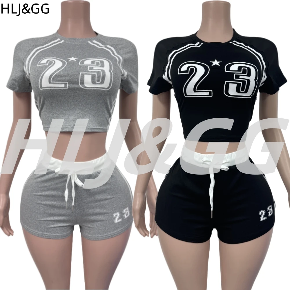 HLJ&GG Estate Nuova Lettera Stampa Pantaloncini con coulisse Set da due pezzi Donna Girocollo Manica corta Slim Crop Top e pantaloncini Abiti
