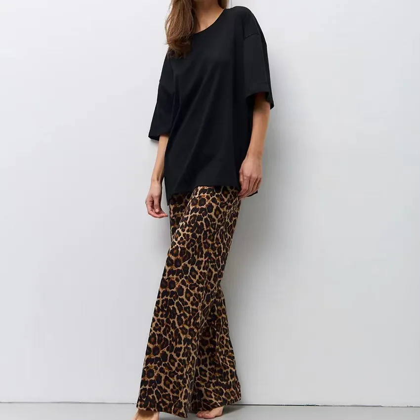 

Faionable Color Top Leopard Print Long Pants Home Clothes Set Loose Comfortable Two-Piece Women's Summer Casual Wear