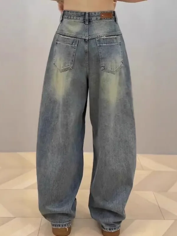 Jeans a gamba larga retrò azzurri da donna Estate 2025 Nuovi pantaloni larghi a banana con coltello a banana taglie forti Pantaloni lunghi a vita alta
