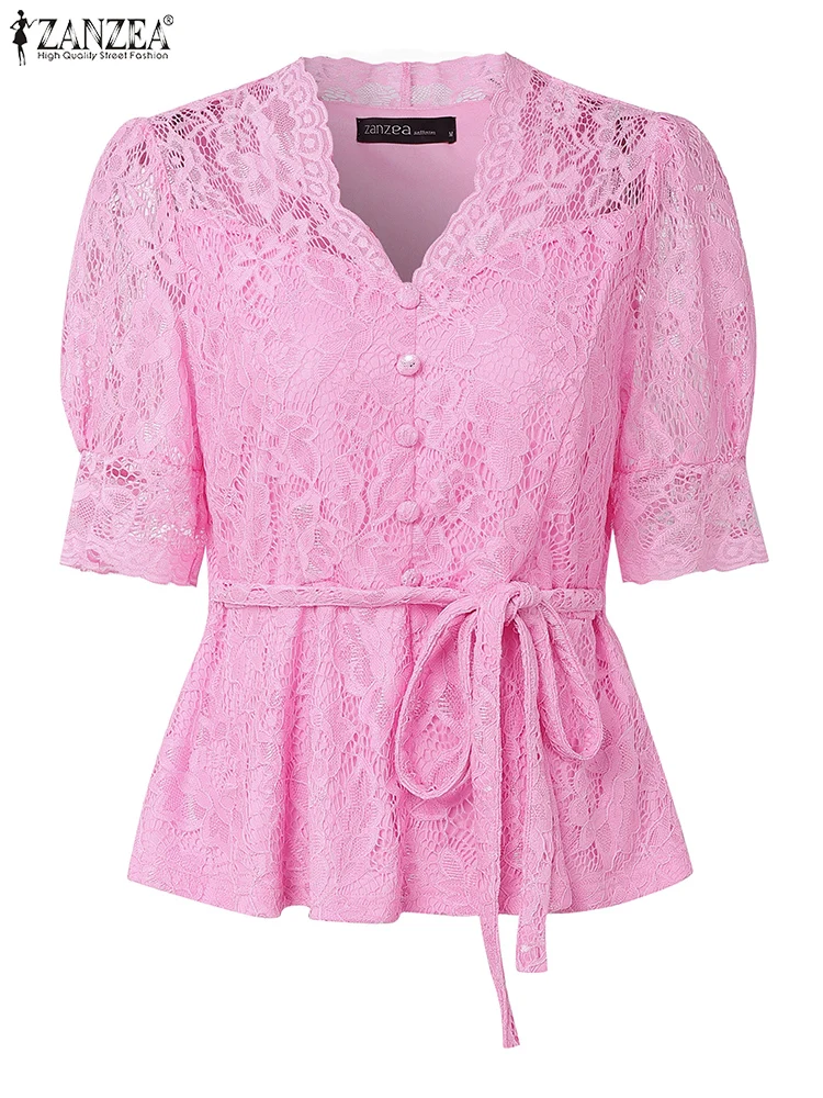 

ZANZEA, элегантная блузка OL, женские летние кружевные рубашки с короткими рукавами, туника с поясом, топы, модная Blusas Femininas, одежда с v-образным вырезом