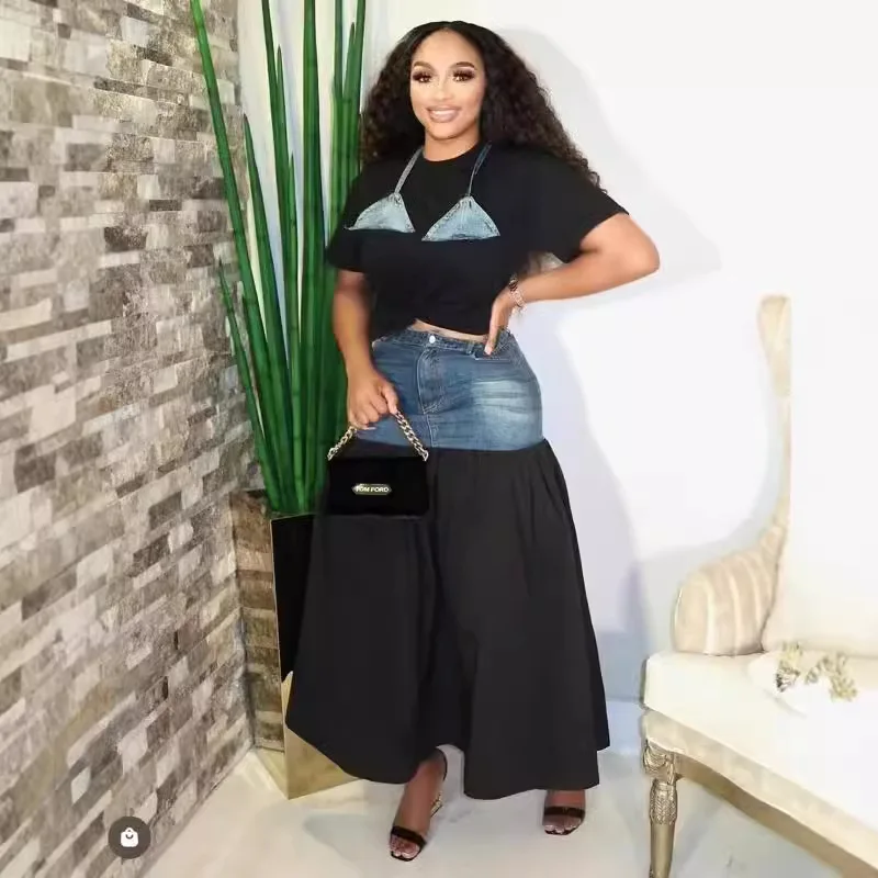 

2 Pieces Set Dashiki African Sexy Fashion Denim Women Set Spring Summer Female Pullover Short Sleeve Top And Maxi Skirts
