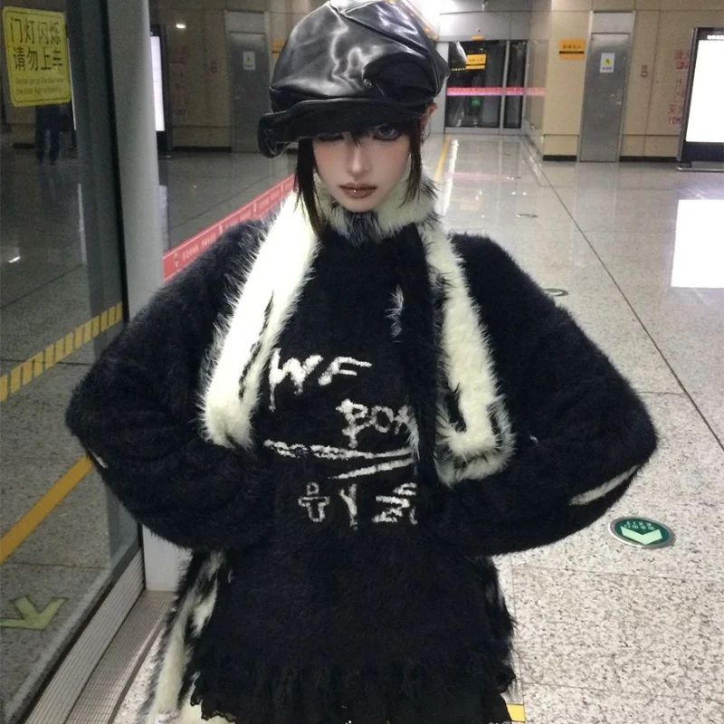 

Deeptown Y2k Gothic Black Women Sweater Japanese Harajuku Fashion Knit Pullovers Loose Autumn Vintage Punk Letter Grunge Jumper