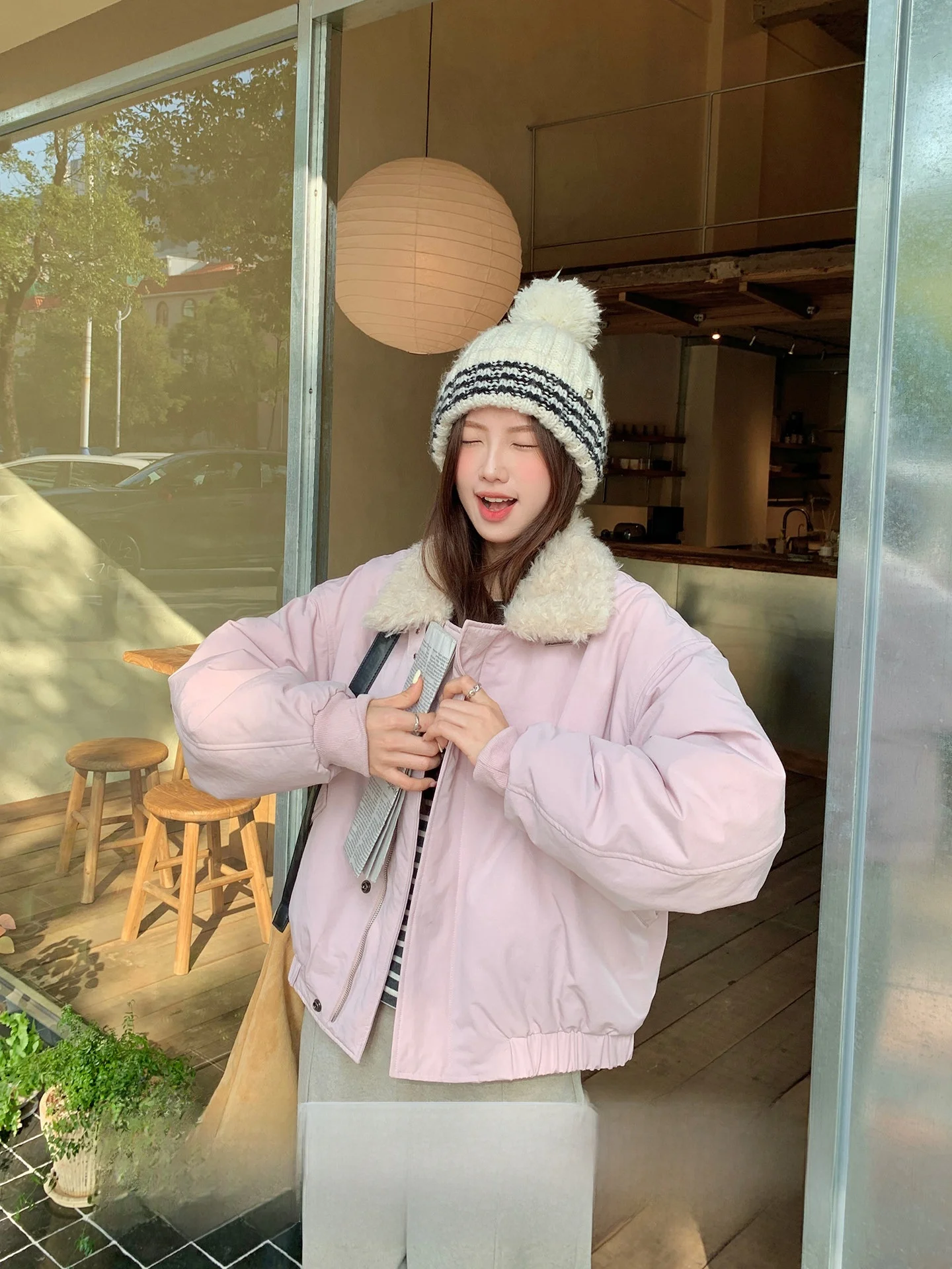 

Женская свободная теплая хлопковая куртка с воротником из меха кролика и ягненка, повседневный универсальный дизайн, корейский стиль, длинный рукав