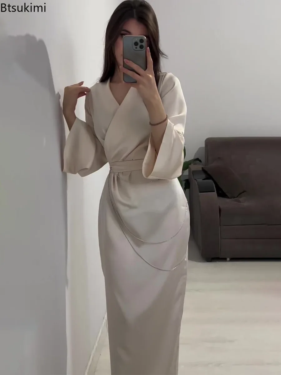 2025年 エレガント レディース服 秋新作 気質 ロングドレス ウエストチェーンデザイン セクシー Vネック 無地 サテンドレス