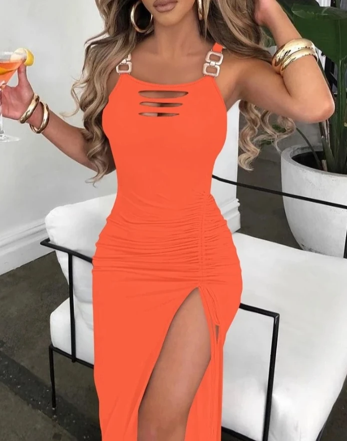 Summer Dress Women Bodycon Ladder Cutout Slit Buckled Dresses Fashion Sleeveless Short Skirt for Female Streetwear