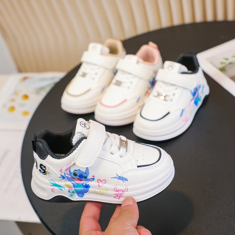 

Disney 2026 New Kids Cartoon Stitch Cute Casual Shoes Children Girls Boys Spring Soft PU Leather Warm Anti-slip Sports Shoes