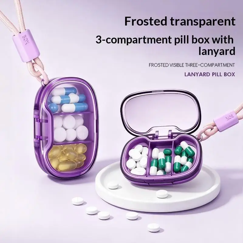 Portable 3-Compartment Pill Box With Lanyard Moisture-Proof See-Through Medicine Organizer Travel Case For Daily Use〔HMA58〕