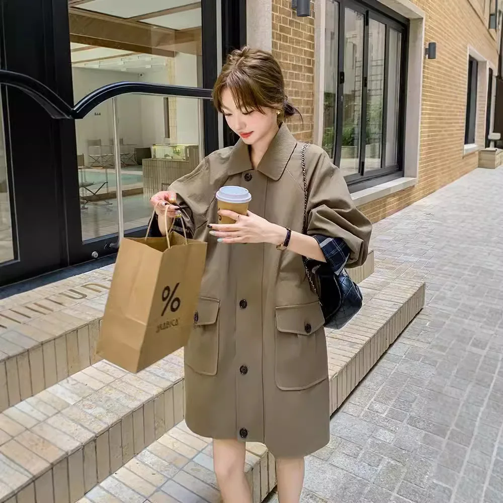 

SuperAen England Style Simple Single-breasted Long Trench Coat Women's 2024 Spring and Autumn New Fashion Casual Loose Coat