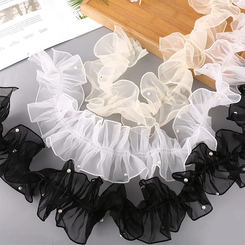 2M Organza Pleated Lace Fabric Beaded Ribbon Ruffle Edge Trim Cloth Skirt Cuffs Sewing DIY Crafts Gift Packing Accessories