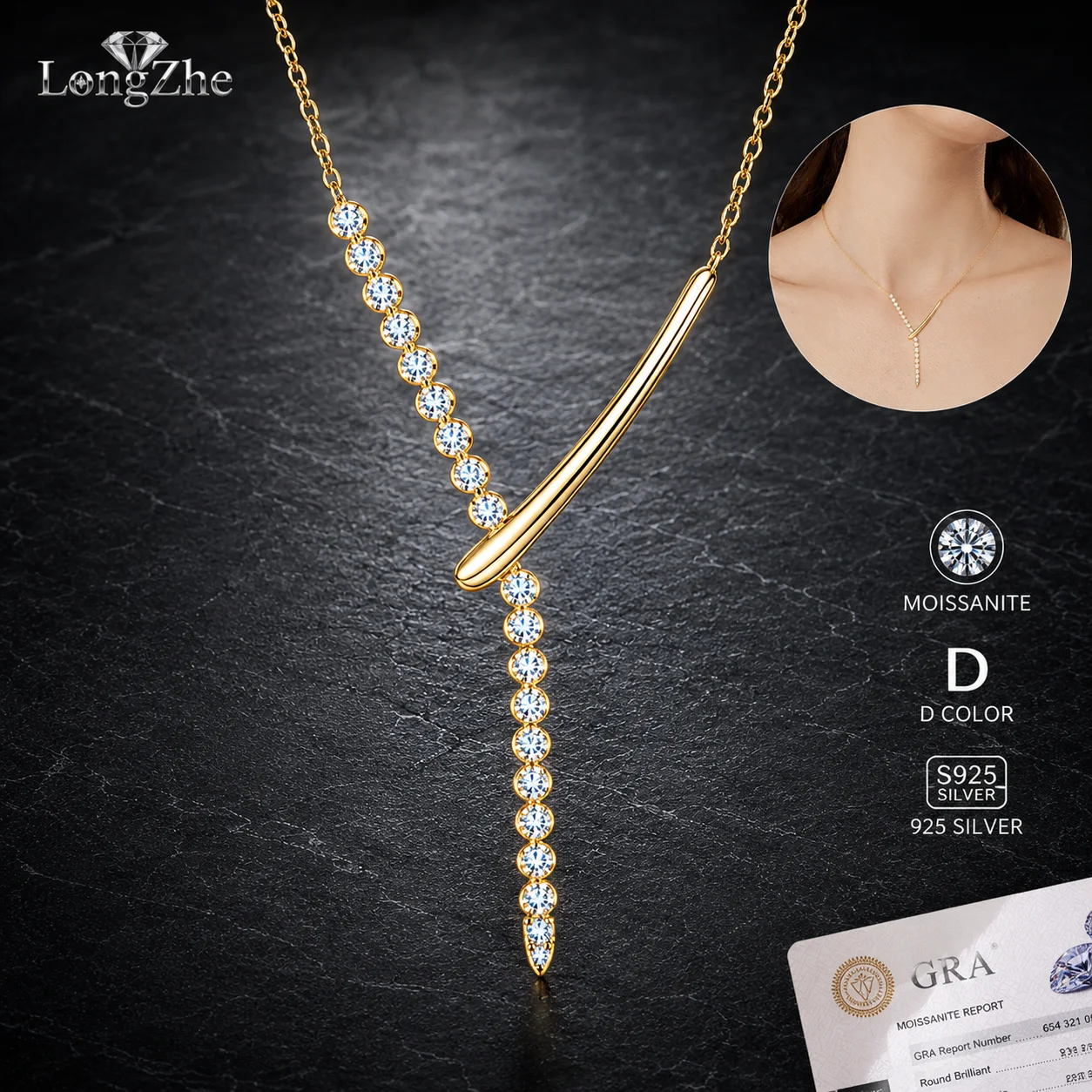LongZhe S925 Silver Moissanite Y Necklace 0.59CT D Color VVS1 GRA Certificate Diamond Tester Passed Fine Jewelry Women Gift