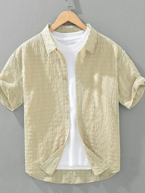 Summer Bubble Short Sleeve Casual Shirt Men's Loose Fit Breathable Thin Style Stand Collar Fashionable Lightweight Top