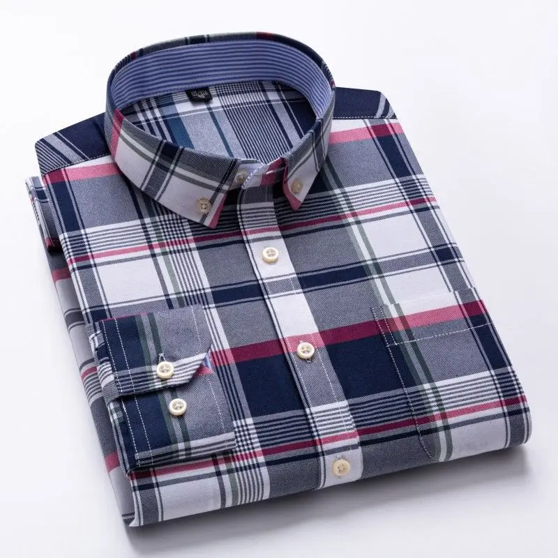 Men\'s Oxford cotton shirt with plaid stripes, long sleeved pockets, casual shirt, regular style, button up shirt size S~7XL