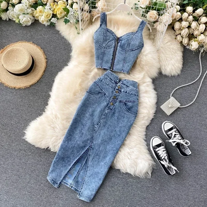 Mulheres jeans tanque colete + saias define fino denim cintas topos botões maxi saia ternos elegante moda midi saia novo vestido combinando