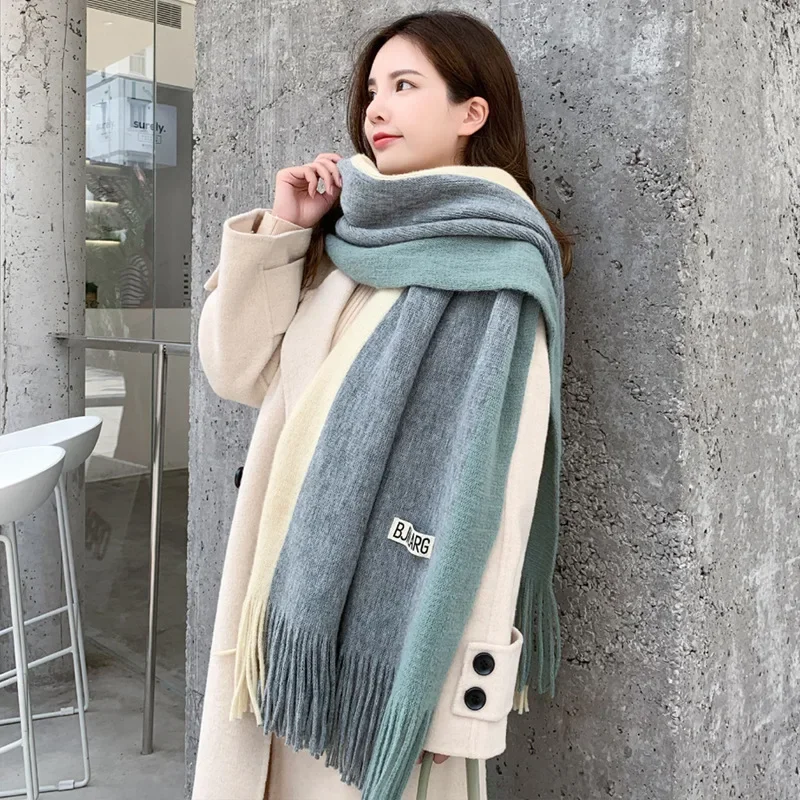 Large Winter Women Scarf Two-Tone Knitted Ponchos Cape Femme Shawl Wraps Pashmina Sjaals Bufandas Mujer Encharpe