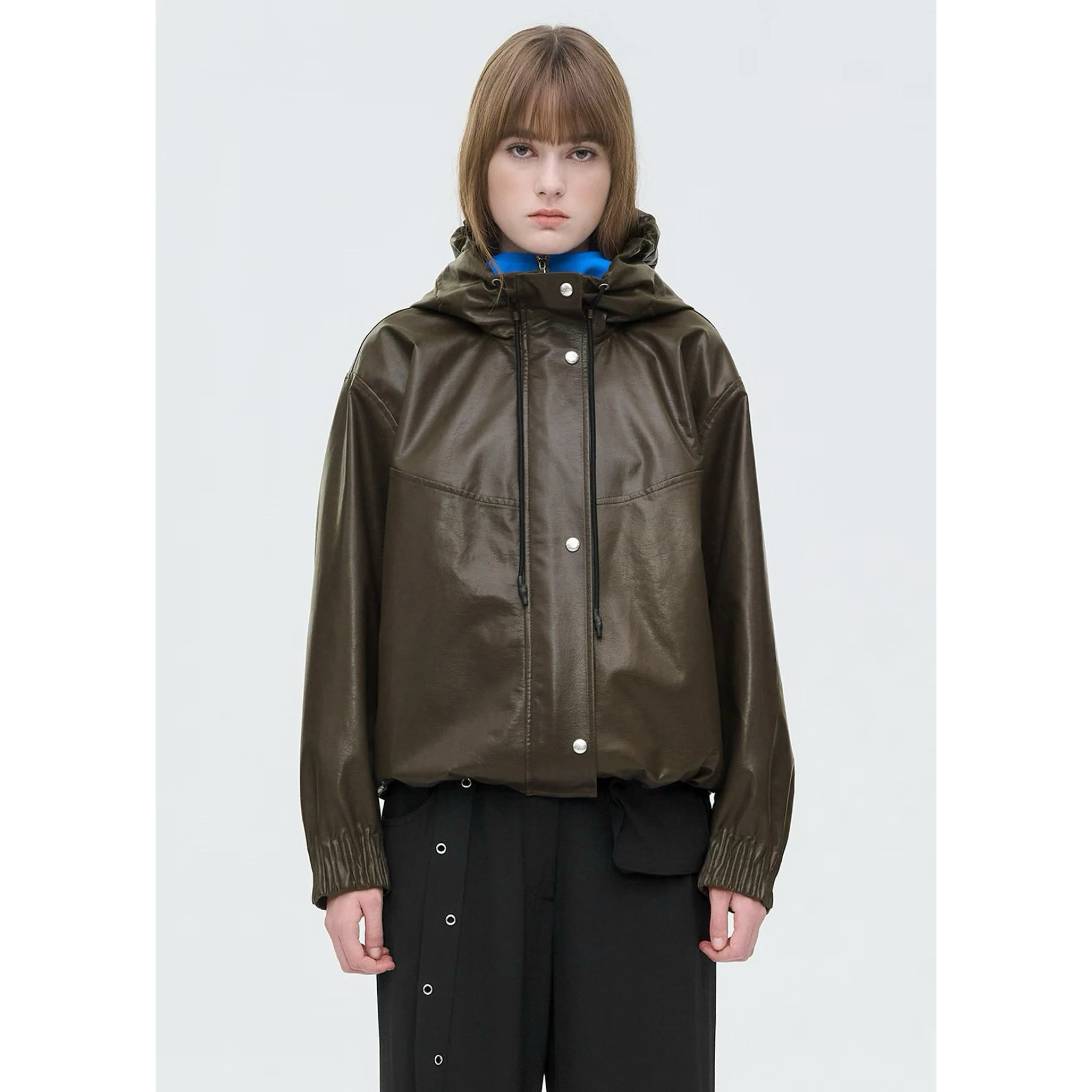 

Faionable повседневная куртка из искусственной кожи с капюшоном, верхняя одежда с лимонным сыром TIM25, осенняя уличная одежда, свободная посадка, женская длинная молния све