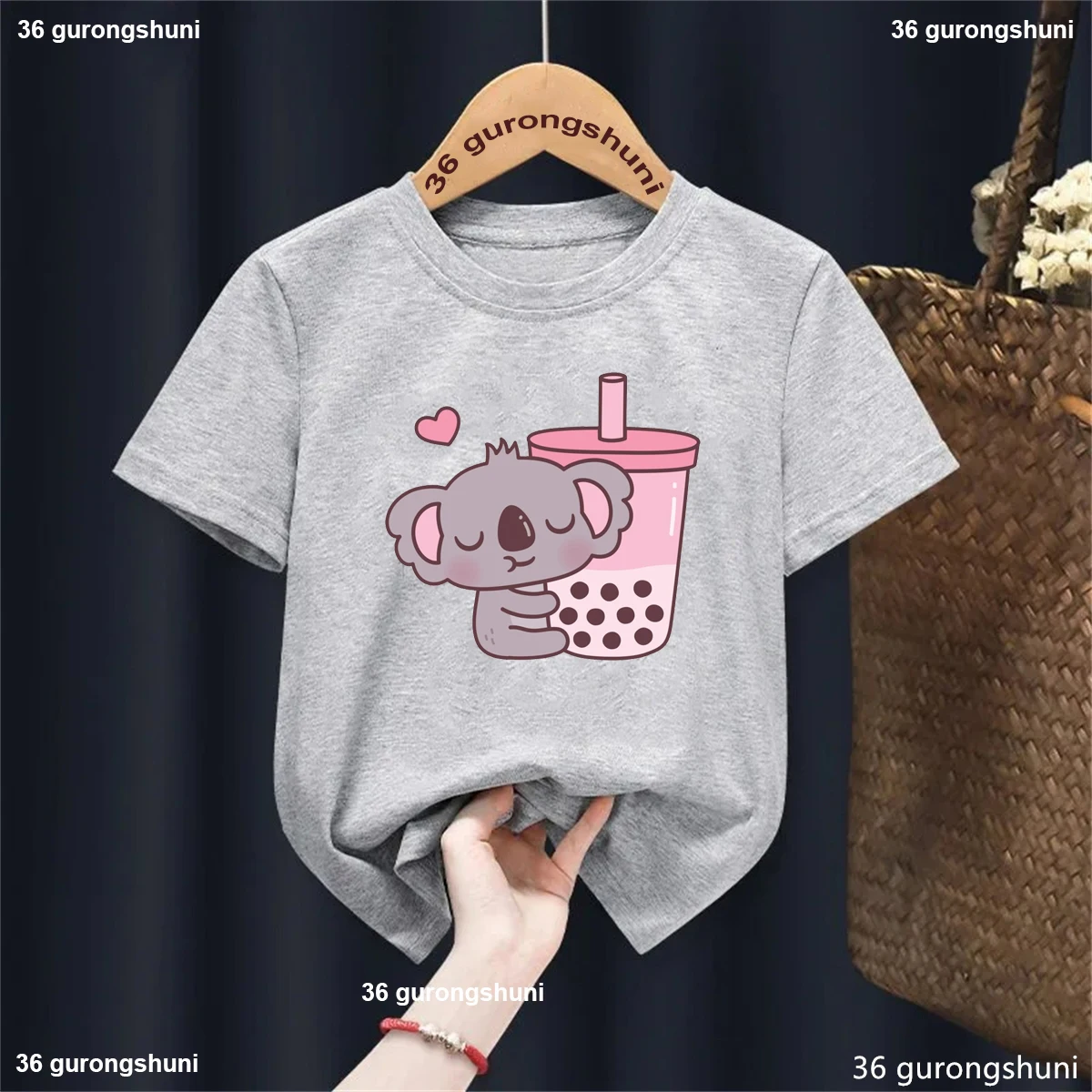 Funny Kawaii Kids Clothes Koala Love Boba Printed Tshirt Girls/Boys  Pink/White/Black/Gray/Blue/Yellow T-Shirt Children Tops