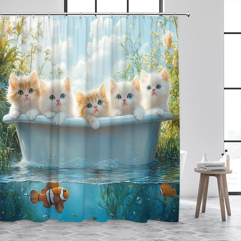 Cute Cats Shower Curtain Funny Animals Drift River Fish Rustic Flower Plant Fabric Home Bathroom Curtains Decoration With Hooks