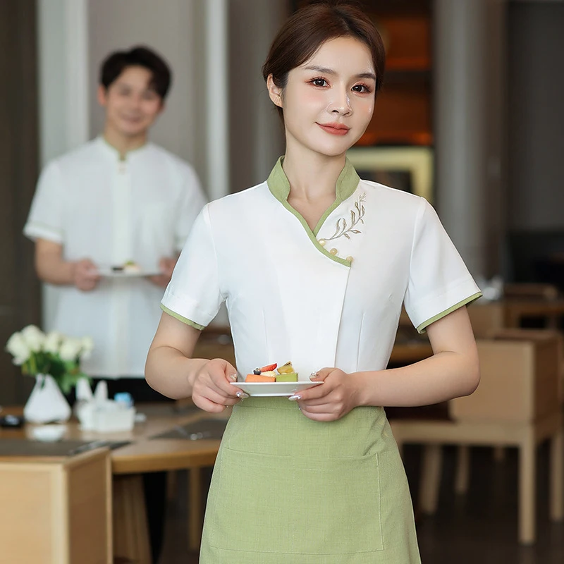 chinese-style-restaurant-waiter-work-uniform-short-sleeved-women's-hotel-catering-restaurant-tea-house-front-desk-staff-uniform