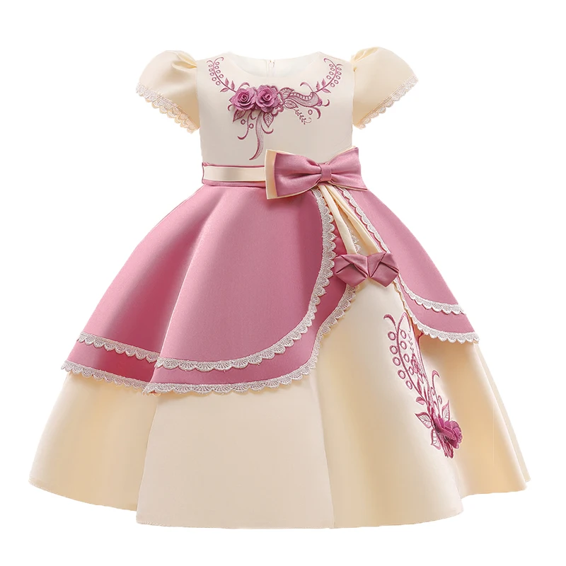 Embroidery Flower Bow Princess Party Dress For Girl Children Costume Puff Sleeve Kids Clothes Birthday Wedding Gown Prom Vestido