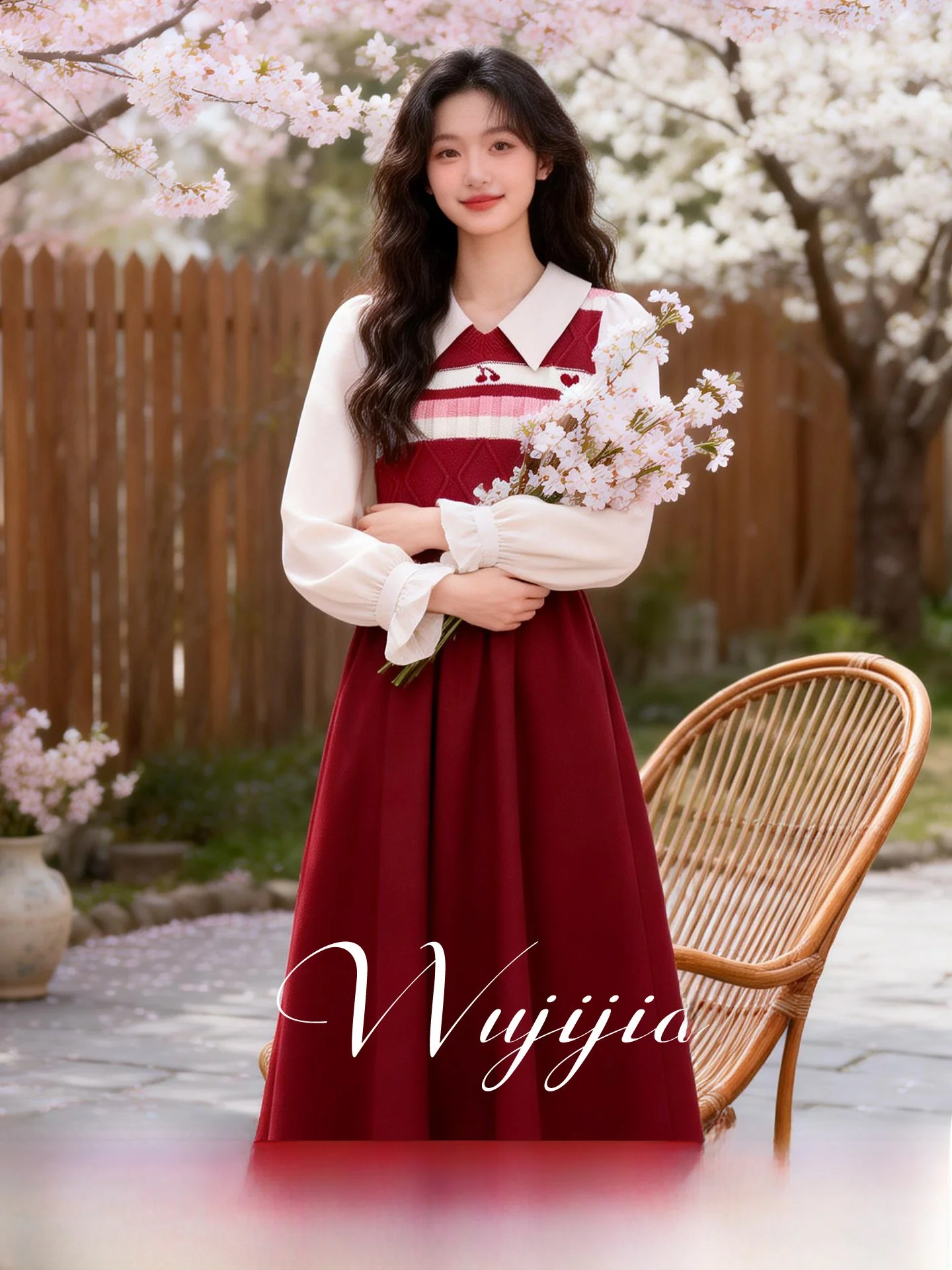 

Spring Early Large Size Women's Dr Collar Long Sve Waist Cinched Long Dr A-Line Knitted High Waist Polyester Fiber