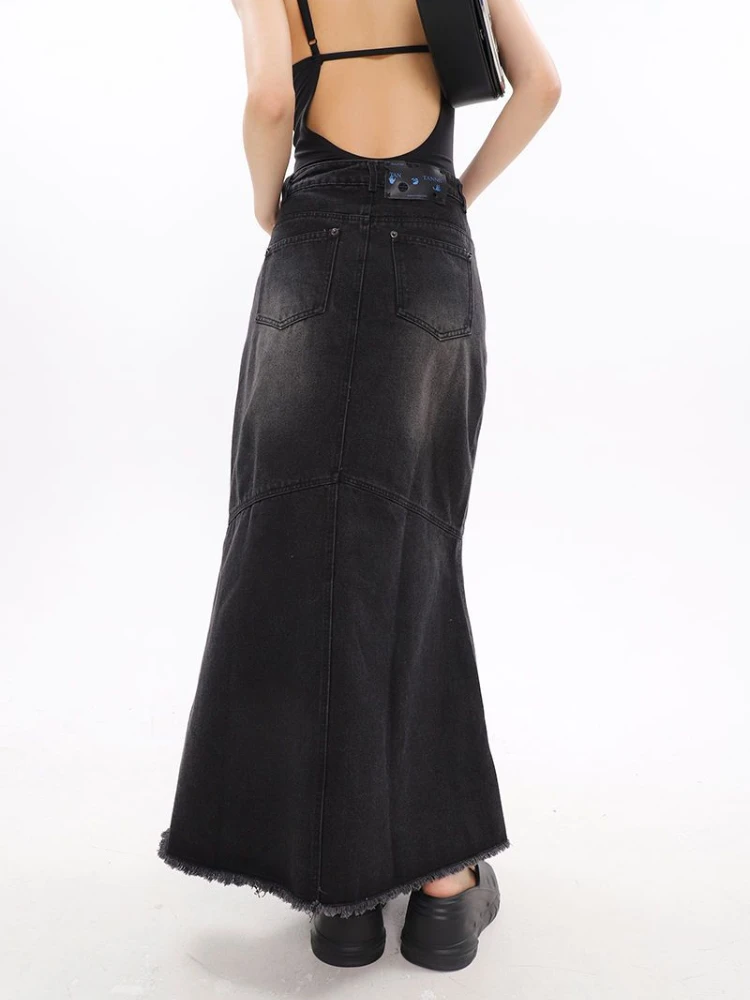 Denim Maxi Skirts Women Black Washed Vintage High Waist Summer Elegant Streetwear Y2k Clothes All-match Youth Retro Faldas Mujer