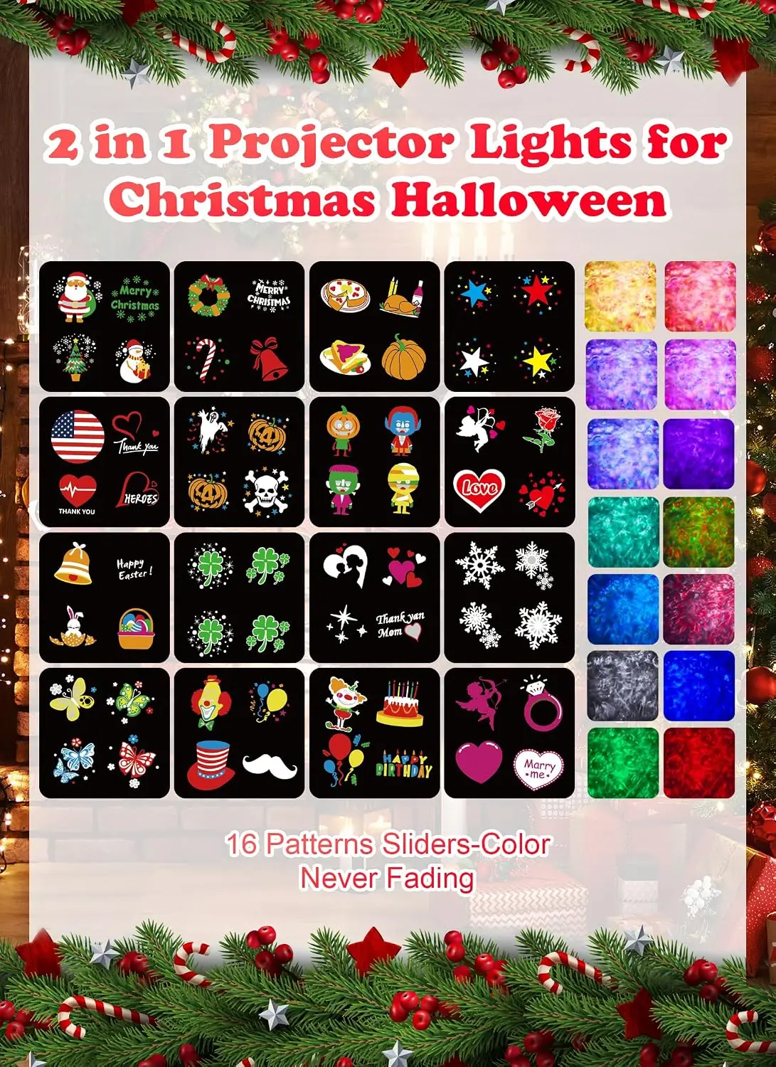 Outdoor Christmas Holiday Projector Lights, 26 HD Effects with 3D Ocean Wave + Patterns, Waterproof with Timer, RGB + Multicolor for Indoor Christmas Halloween Night Disco Party