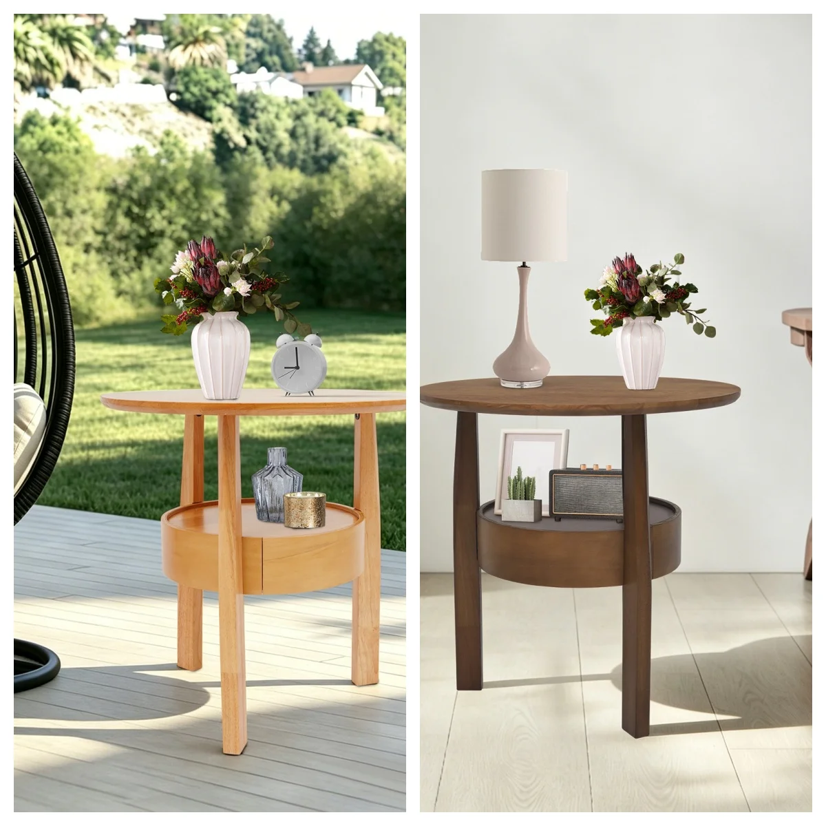 Solid Wood Round Coffee Table With Hidden Drawer, Side Table With Drawer, Small Coffee Table For Living Room