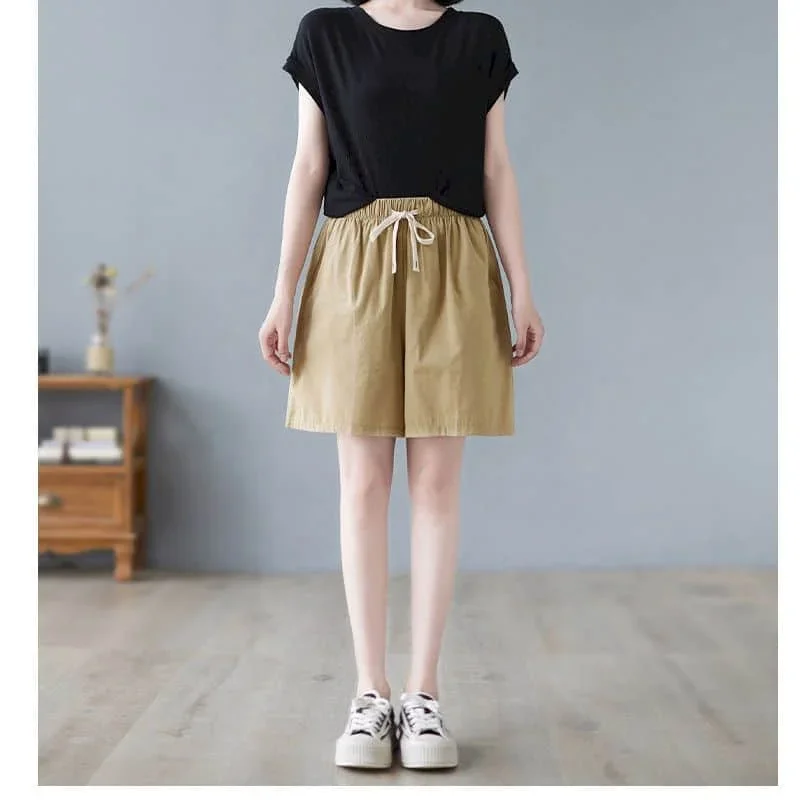 Pantaloncini di lino in cotone per donna Pantaloni casual in vita elastica con coulisse estiva Pantaloni larghi stile coreano vintage da donna