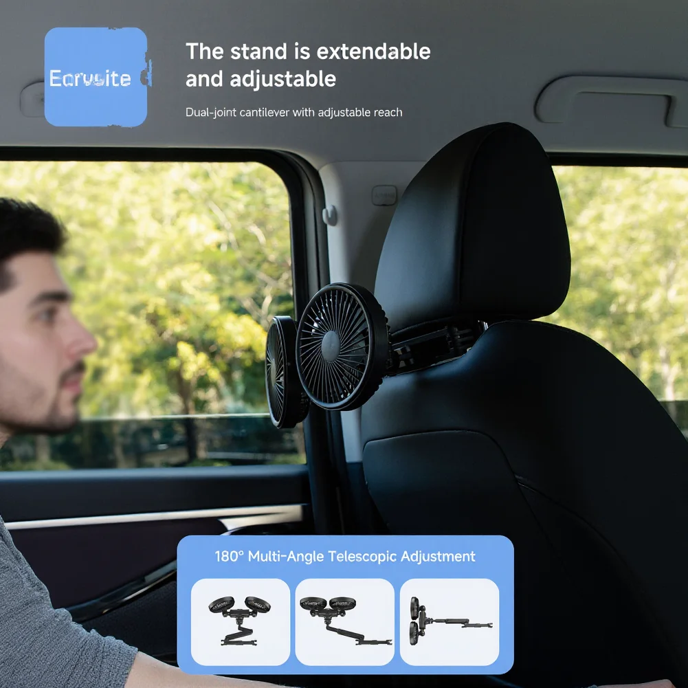 Powerful Dual-Head Car Fan Multi Angle Telescopic Rear Seat Car Fan 360° Adjustable Multi-Speed For Rear Passengers Air Fan