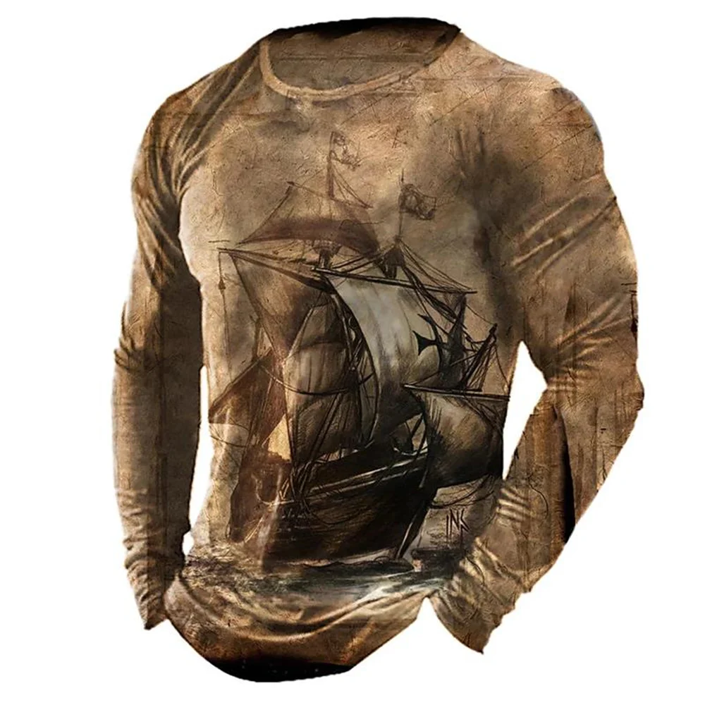 Vintage Print Long Sleeve T-shirt 3d T Shirt Compass Long Sleeve Casual O-Neck Shirt Oversized Tops Tee Shirt Man Clothes